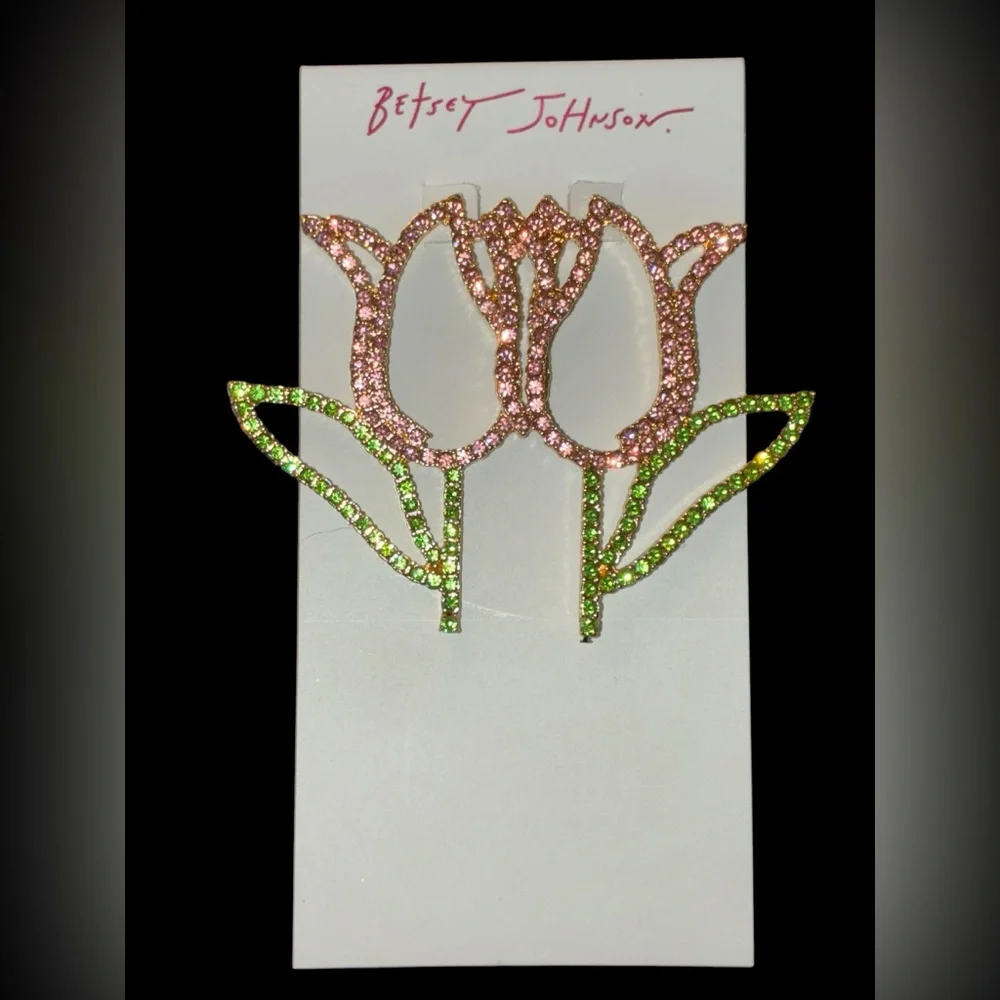 BETSEY JOHNSON Easter Spring Pink & Green Crystal-Studded Tulip Earrings NEW NWT - Picture 4 of 7